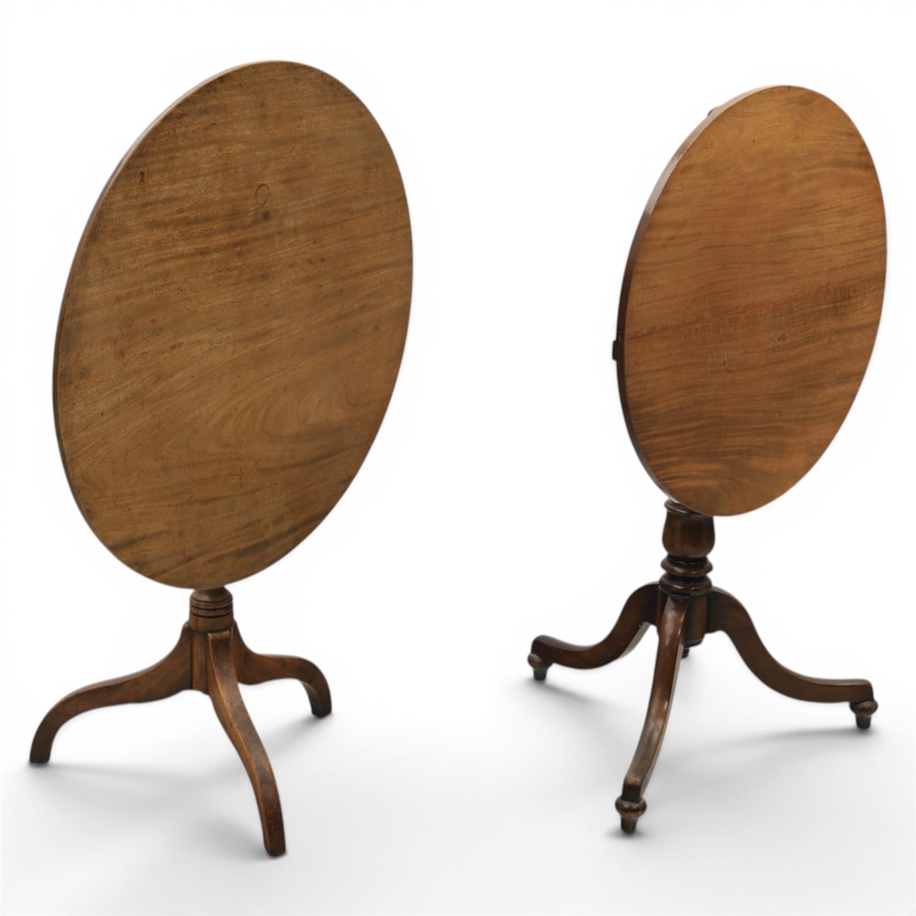 Two 19th century mahogany tripod tables, faded circular tilt-top, turned column  