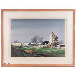 Rowland Frederick Hilder OBE (British 1905-1993): 'Winter Evening', watercolour and ink signed, titled on exhibition label verso, with James Bourlet label, 48cm x 69cm 
Provenance: exh. Royal Institute of Painters in Water Colours, label verso
