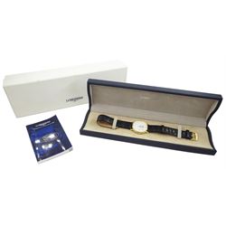Longines gentleman's gold-plated and stainless steel quartz wristwatch, Ref. L4.720.2, white dial with baton hour markers and date aperture, on original black leather strap and gilt buckle, boxed with guarantee card dated 2005
