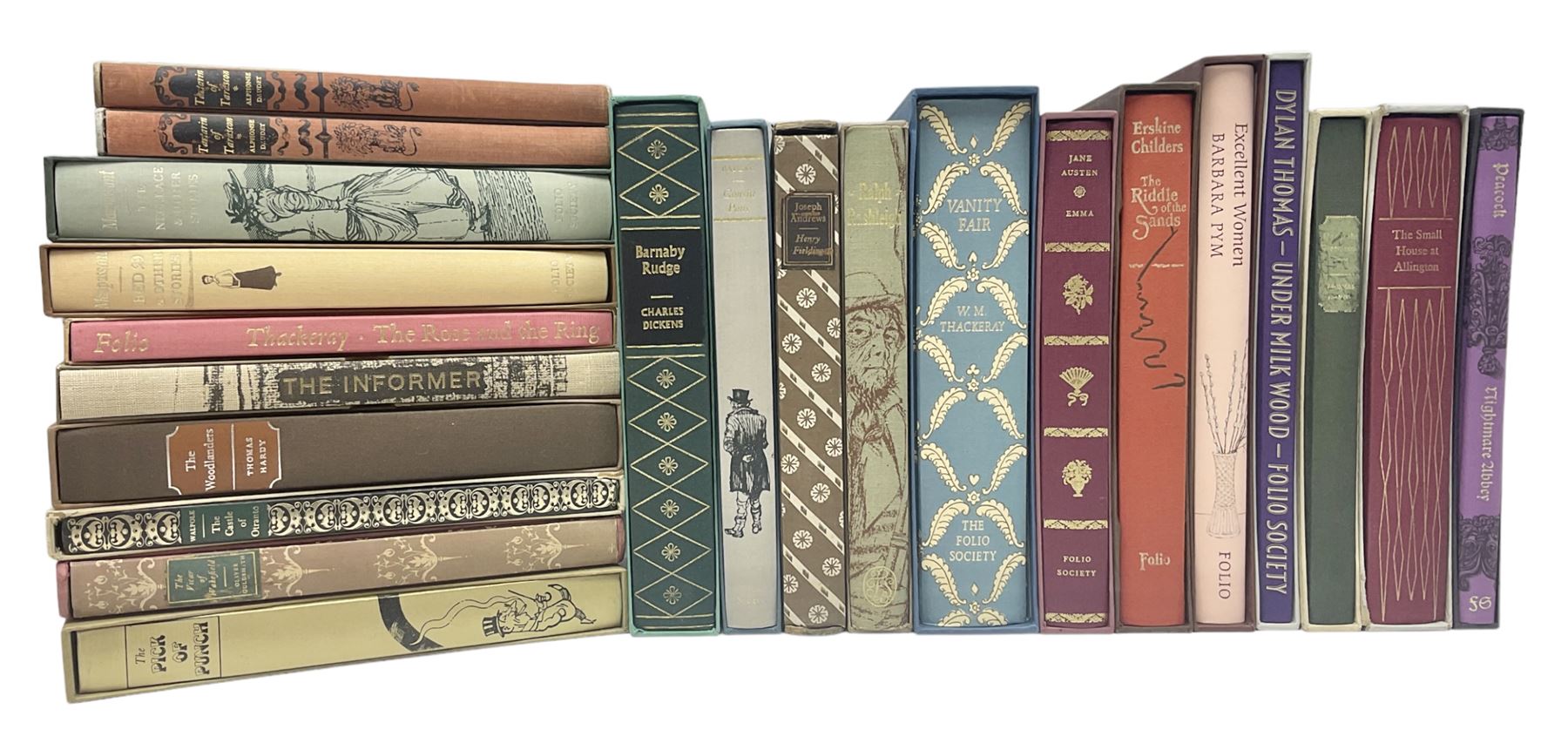 Folio Society; twenty two volumes, to include Vanity Fair, The Riddle of The Sand, The Necklace & Other Stories, Under Milk Wood, Barnaby Rudge etc 