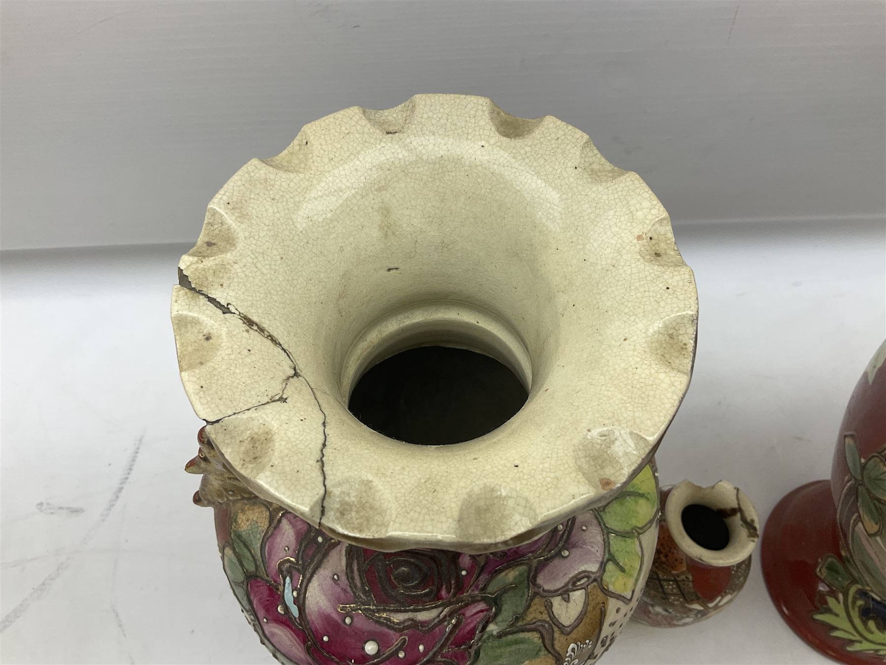 Mid-late 20th century French vase of baluster form, with applied floral decoration and gilding, and twin handles, with impressed mark beneath, H55cm, together with Pair of Japanese satsuma vases of baluster form, with twin handles and polychrome decoration depicting Samurai warriors, and another smaller vase, largest H39.5cm