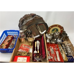 Britains 1953 State Coach, 1920's Cluebridge Game, Old Hall stainless steel tea set, cased set of Victorian fish servers with silver collars, other silver-plate and miscellanea in three boxes