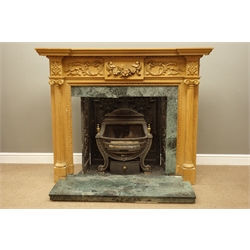  Adams style carved pine fireplace surround with carved floral and acanthus leaf mounts, fluted column pilasters, complete with marble hearth and inner surround, ornate moulded cast iron back, Regency style dog grate with gas insert decorated with swags and scrolls, W157cm, H125cm (surround)   