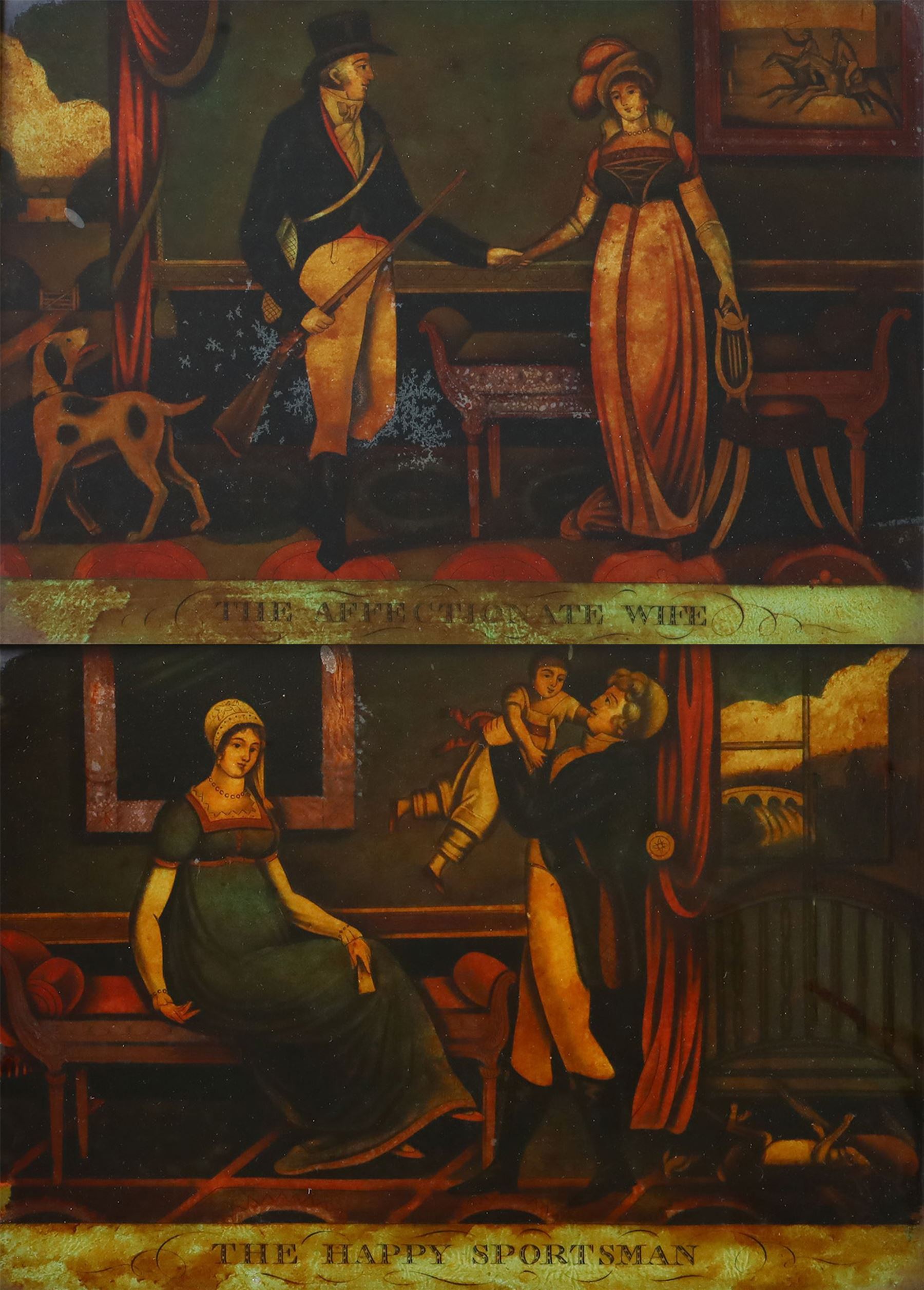 Pair of 19th century coloured reverse glass prints, The Affectionate Wife and The Happy Sportsman, H36cm, L46cm