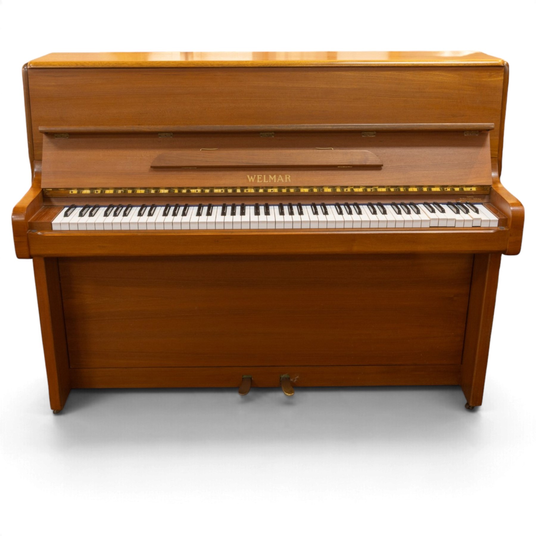 1970s century Welmar mahogany cased upright piano, retailed by The Piano Centre Rotherham, serial no. 75618, H110cm, W141cm