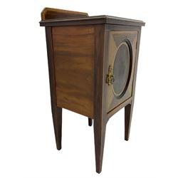 Edwardian inlaid mahogany bedside cabinet, enclosed by oval panelled door, satinwood banding, on square tapering supports