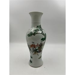 Chinese Qing dynasty famille verte vase, of inverted baluster form, painted with scene of an officials pulling in a raft boat with a courtesan and child on choppy waters with a flying phoenix above, double circle mark beneath, H25cm, together with a Japanese vase & stand, and similar charger D34cm