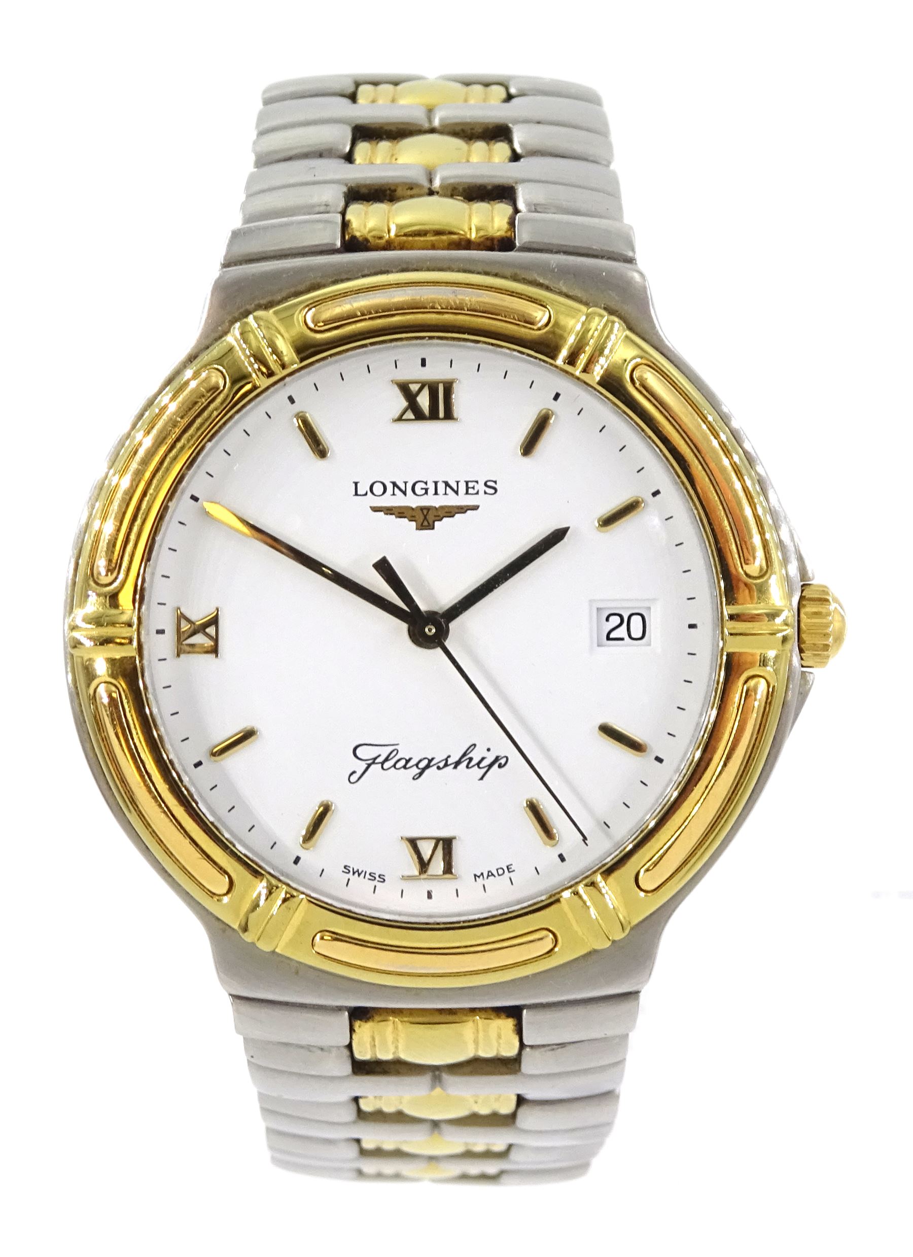 Longinges Flagship quartz two tone stainless steel bracelet wristwatch No. L5 651 3, with date aperture, boxed with papers and additional link