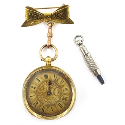  18ct gold Swiss key wound fob watch on rolled gold bow with 9ct rose gold clip  