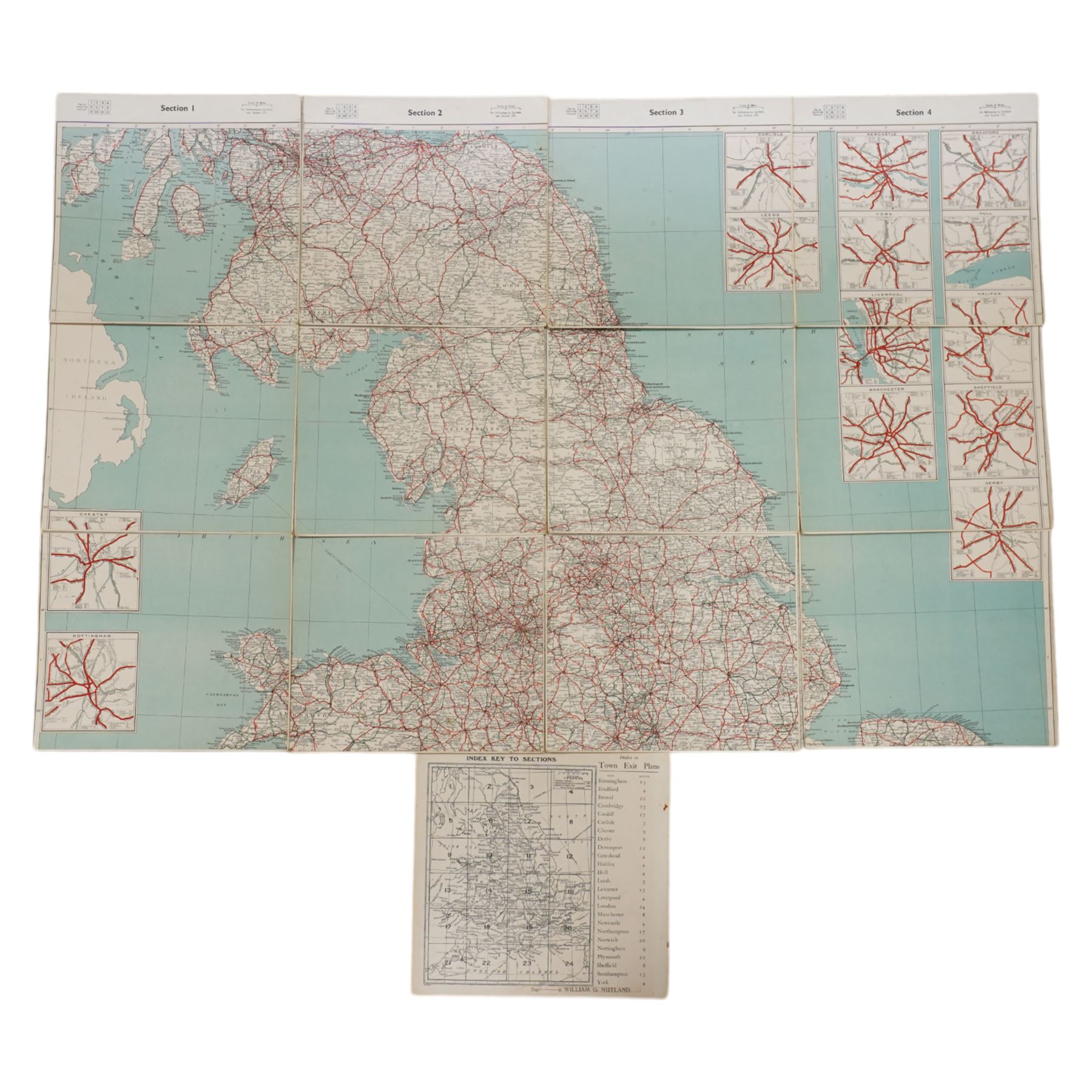 William G Nutland (British Military 20th century): Nuclear War Town Exit Plan Map: Civil Defence and Government Continuity in the Event of a Nuclear Attack on the UK, mid-20th century printed twenty-four sectional map with hand-colouring based upon the OS maps with sanction of the Controller of H.M. Stationery Office, circa 1950s or 1960s as part of a contingency during the Cold War 72cm x 100cm (unframed)