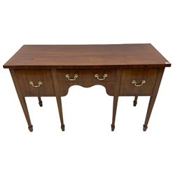 Early 19th century mahogany sideboard, straight front figured top over two cupboards and single drawer, square tapering supports with spade feet