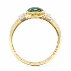 18ct gold tourmaline and diamond ring, bezel set single oval cut tourmaline, with two single cut diamonds set either side, stamped 