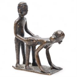 Three Indian school Kama Sutra style erotic bronze figures, H9cm