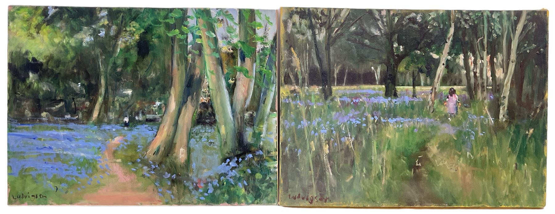Malcolm Ludvigsen (British 1946-): Bluebell Woods - 'Bishops Palace York' and 'End of Heslington Golf Course', near pair oils on canvas signed dated 2005 and 2003 verso 46cm x 61cm (2)