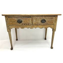 19th century pine side table, the rectangular top with rounded corners of two drawers, scumbled finish base with shaped apron and cabriole supports