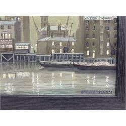 Steven Scholes (Northern British 1952-): 'The Prospect of Whitby - Wapping East London', oil on canvas signed, titled verso 19cm x 37cm
