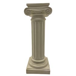Classical Ionic style column in white finish with scrolled capital, fluted body on moulded plinth base (H97cm), and a similar small column stand (H68cm)