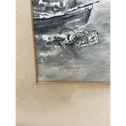 James Ulric Walmsley (British 1860-1954): 'South View Robin Hood's Bay', probably King Street, watercolour en grisailles signed, titled on original label verso with artist's address 'The Studio, Robin Hood's Bay' 26cm x 17.5cm