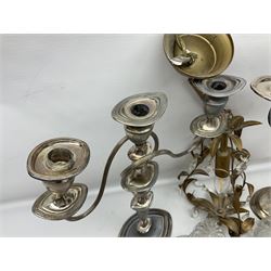 Two silver plate candelabras, together with two glass decanters, necklace and other collectables 