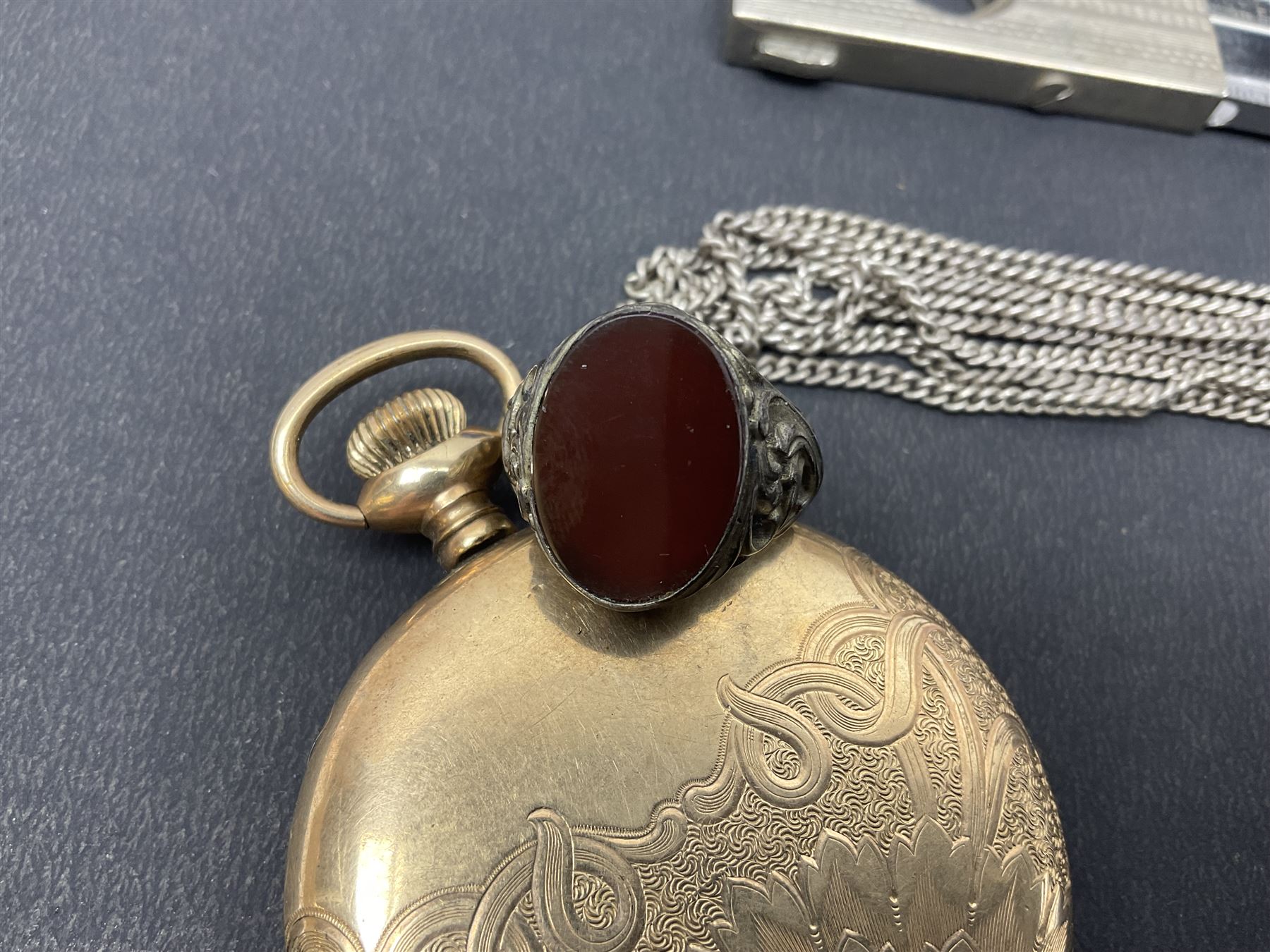 Gold plated Admiral full hunter pocket watch, together with a silver open face pocket watch, carnelian signet ring, Timex wristwatch, rolled gold Parker propelling pencil, Ronson Varaflame lighter and a plated cigar cutter