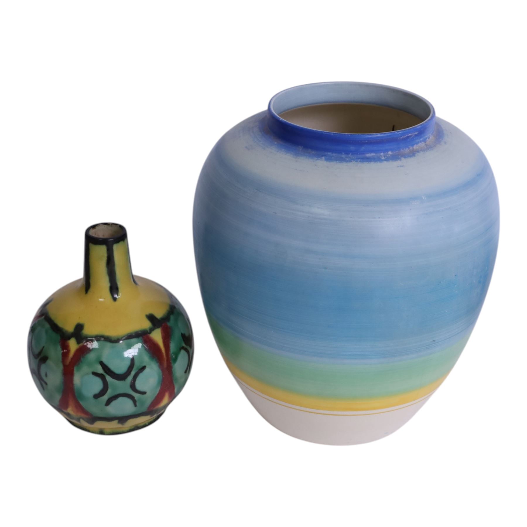 Henri Delcourt vase, together with Brentleigh Pottery jug,  Etruria vase and Grey's pottery vase, tallest jug H40cm