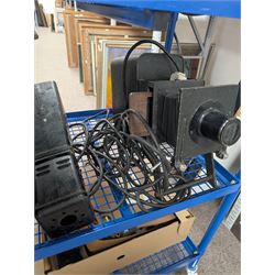 Collection of projectors, epidiascopes, magic lantern and similar, including Bell & Howell 621 projector, mahogany and brass magic lantern, Helper 6S projector, Leitz epidiascope, Zeiss epidiascope, Johnson Optiscope, etc