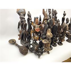 African carved wood figures, various forms and sizes including some with bead decoration, in two boxes