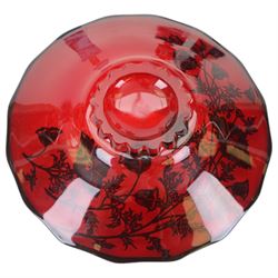 Pair of Victorian Bohemian ruby glass goblet and cover, together with a blue glass decanter and a ruby plate with silvered overlay, goblets H24cm 