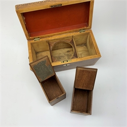 A 19th century rosewood tea caddy, of sarcophagus form with inlaid key fret detail and ivory escutcheon, the hinged cover opening to reveal two removeable hinged boxes with conforming detail, and central mixing bowl recess, L30.5cm. 
