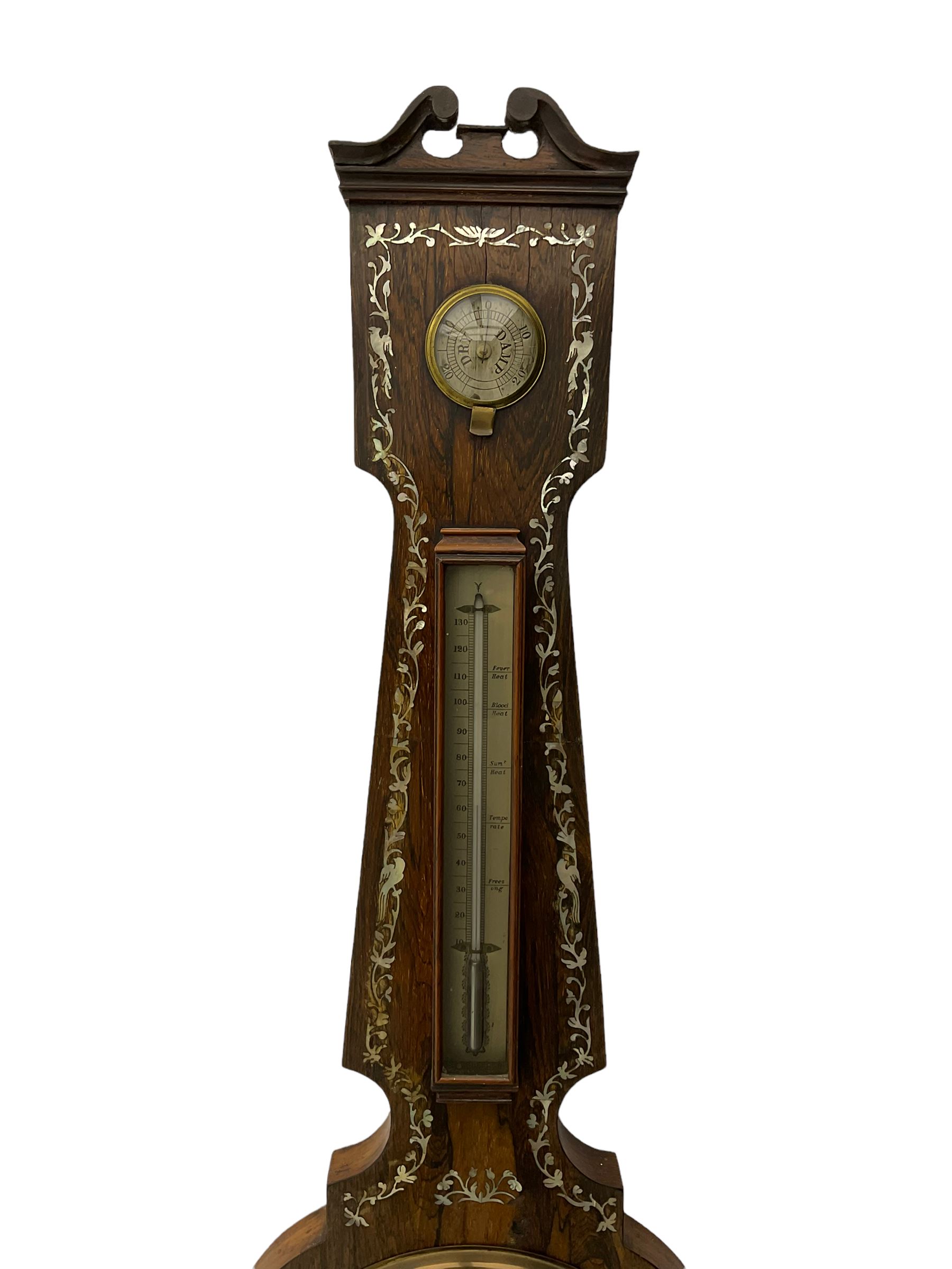 A Victorian rosewood mercury barometer with a swan’s neck pediment and brass finial, edge of the case profusely inlaid with mother of pearl inlay, 10” silvered dial with decorative engraving depicting a windmill and cottage to the centre, mercury syphon tube recording barometric air pressure from 28-31 inches with weather predictions, dial inscribed “Warranted” “ Hull” “Agostino Maspoli”, with a steel indicating hand and brass recording hand within a convex glass and cast brass bezel, circular hygrometer and boxed mercury thermometer indicating the temperature in degrees Fahrenheit, rectangular level bubble and recording hand setting disc. 
The Italian Maspoli family were prolific makers of  barometers, mathematical, philosophical and optical instruments in 19th century Hull, working from 49 Salthouse Lane (1826-31), 79 Lowgate (1835-55) and Robinson Row (1839-1859) They are also recorded as watch and looking glass makers. 
      
