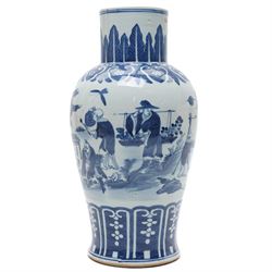 Chinese 19th century blue and white vase, of baluster form, decorated with scenes of young...