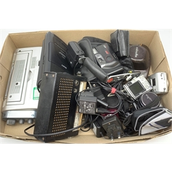 A group of assorted cameras, to include a Minolta SR-7, three Nikon Coolpix, Praktica Sport, etc, plus two portable radios and a tape recorder. 