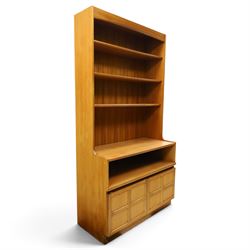 Nathan - 'Squares' open bookcase, with three shelves above an open recess, with twin square panelled doors, on a plinth base