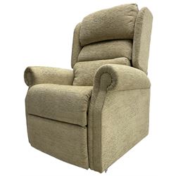 Electric riser reclining armchair, upholstered in cream fabric with repeating geometric pattern 