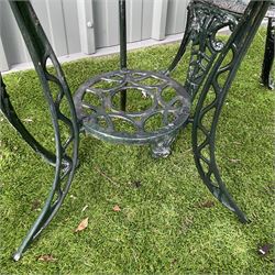 Cast aluminium garden table and two chairs with cast iron side table painted in dark green - THIS LOT IS TO BE COLLECTED BY APPOINTMENT FROM DUGGLEBY STORAGE, GREAT HILL, EASTFIELD, SCARBOROUGH, YO11 3TX