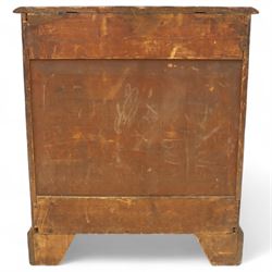 Small 19th century figured walnut chest of drawers, rectangular top with moulded edge over four graduating drawers with brass batwing handles, raised on bracket feet