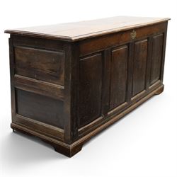 18th century oak coffer, rectangular top with moulded top, four fielded panel front, raised on a moulded plinth base