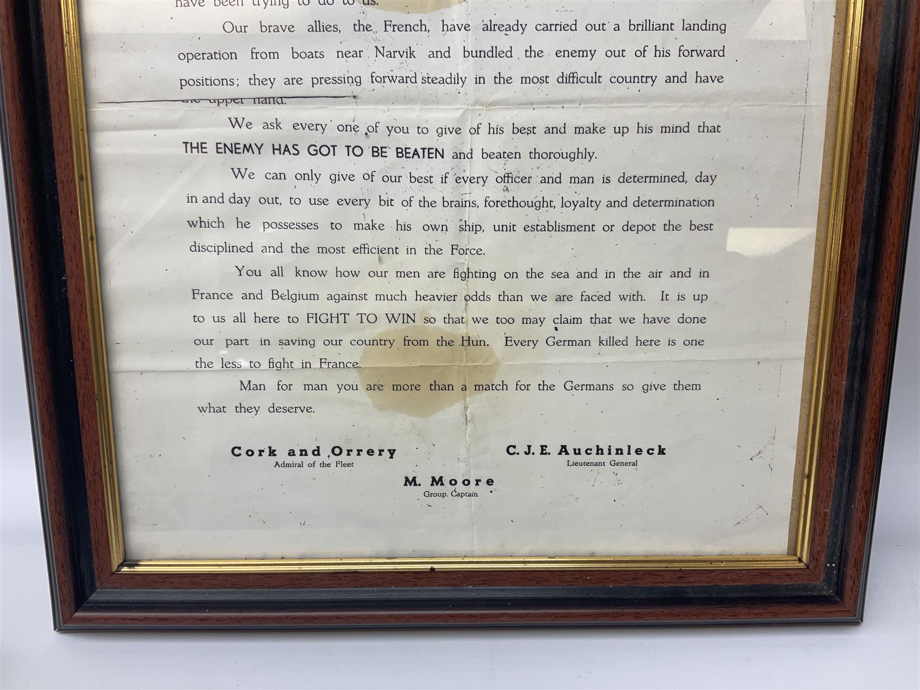 Framed WW2 'Special Order of the Day' poster date 24th May 1940 relating to Narvik in Norway; WW1 Princess Mary Christmas tin with quantity of uniform buttons; cigarette silk of the Prince of Wales in uniform; Royal Navy dinner menus, including HMS Daedalus Taranto forty-third, forty-fourth and forty-fifth anniversary dinners, 1983-1985, the wardroom mess summer ball, etc   
