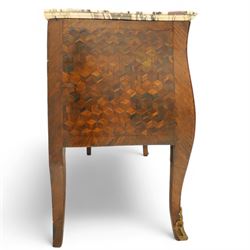 Late 18th-century Louis XV kingwood marquetry commode, rectangular top with original serpentine Breche marble top, above two long crossbanded drawers with rococo style gilt bronze handles and escutcheons in marquetry framed panel in various woods, shaped and centered apron with gilt bronze foliate mounts, sides and drawer fronts with cube geometric marquetry design, on slender cabriole legs with gilt bronze sabots  