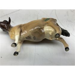 Seven Beswick cow figures, to include Friesian bull Ch. ''Coddington Hilt Bar'' no. 1439a, Friesian cow Ch. 'Claybury Leegwater' no. 1362a and Friesian calf no. 1249C, Aberdeen Angus calf 1827a, Jersey cow no. 1345 etc, all with printed mark beneath  