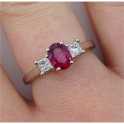 Platinum three stone oval ruby and round brilliant cut diamond ring, hallmarked, ruby approx 1.00 carat, total diamond weight approx 0.30 carat