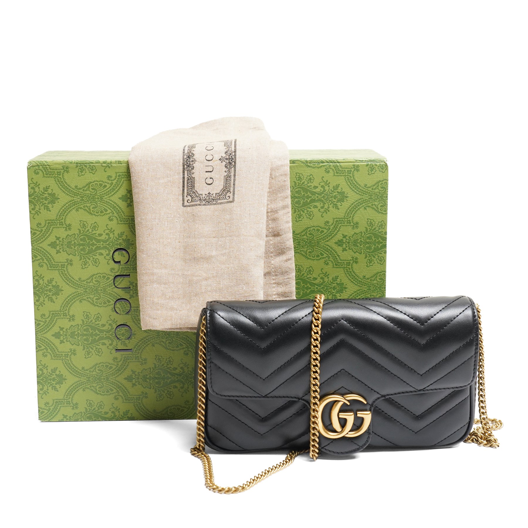 Gucci - GG Marmont mini chain shoulder bag, black matelassé chevron leather, flap front with antique-gold tone Double G hardware, the chain strap additionally fitted with contrasting ivory matelassé leather zip card pouch with Double G hardware, with original dust bag and box