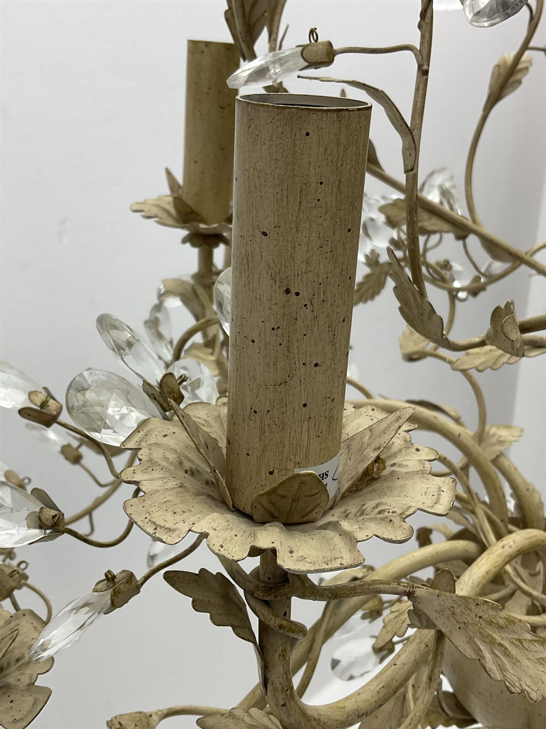 Laura Ashley - eight branch metal chandelier, decorated with trailing leafy branches and glass pendants, in ochre paint finish - ex-display/bankruptcy stock 
