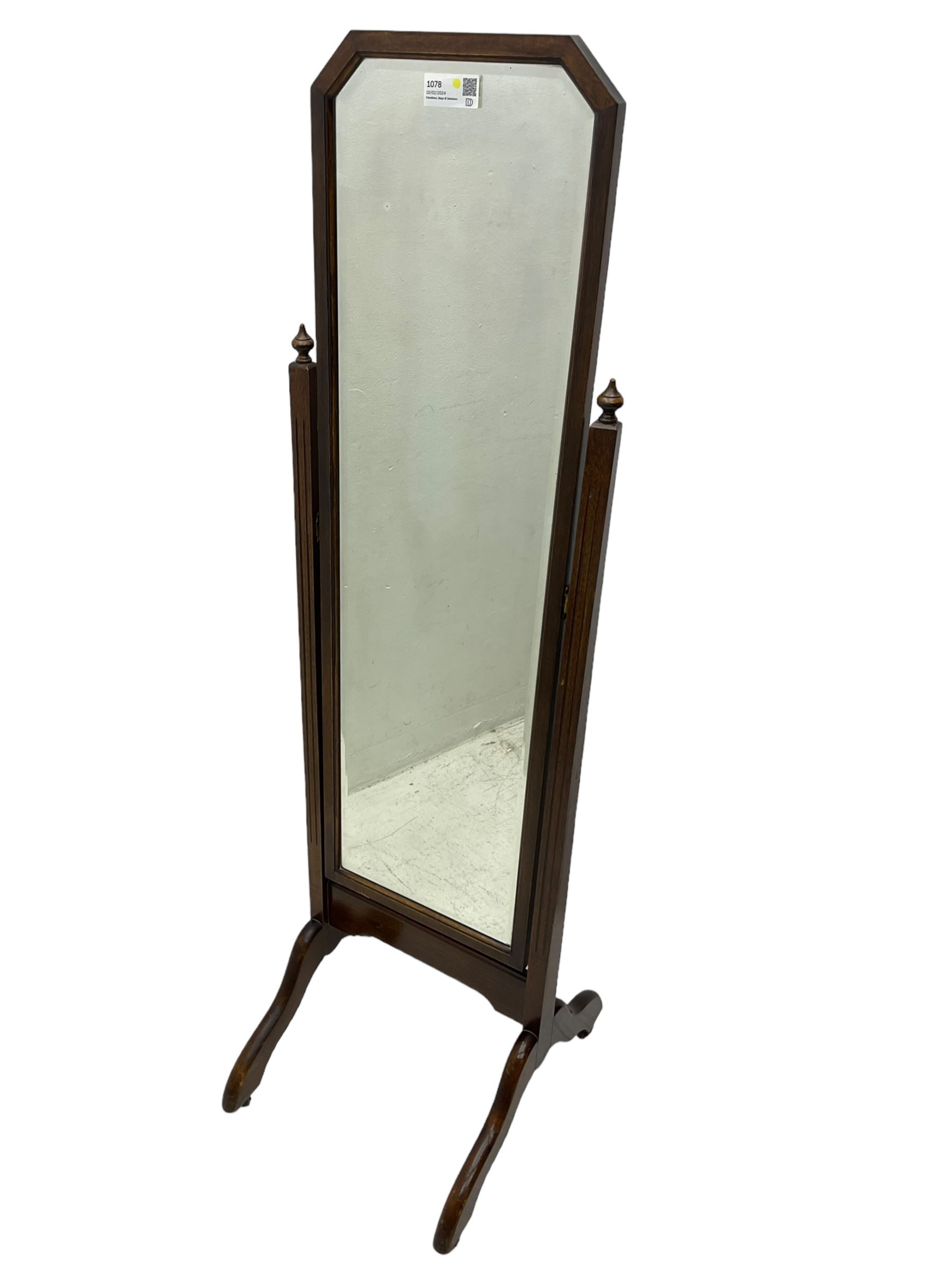 20th century mahogany framed cheval dressing mirror, rectangular bevelled plate with canted top corners, fluted uprights on splayed end supports and castors
