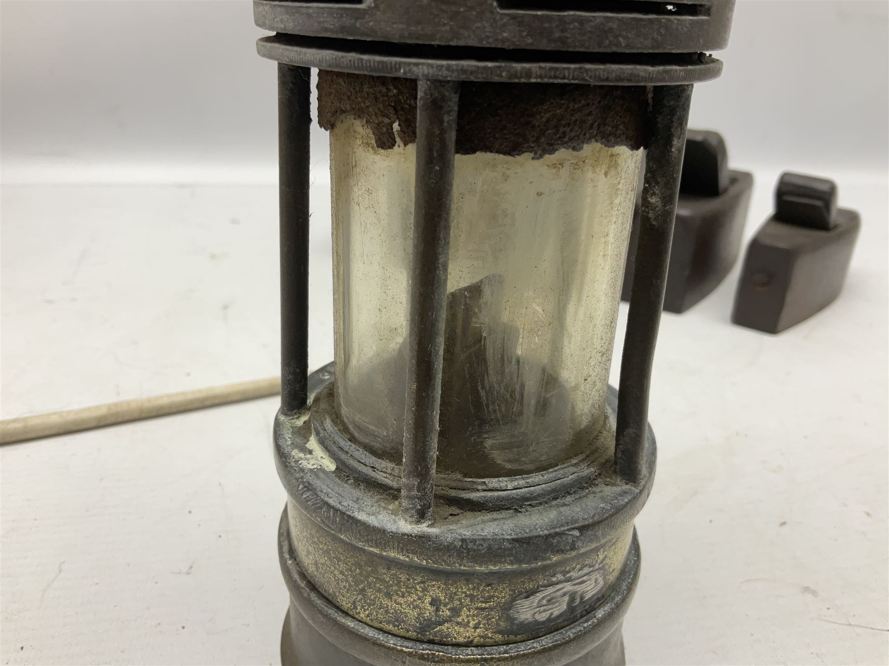 Pair of Lemaire Fabi of Paris mother of pearl opera glasses, together with Ajax 10 x 50 Ajax binoculars, four wooden planes, mining lamp and clay pipe 