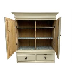 Victorian cream painted pine cupboard-on-chest or housekeeper's cupboard, projecting cornice over two double-arch panelled cupboard doors enclosing two shelves, flanked by spiral turned uprights, base fitted with two short over two long drawers, on bun feet