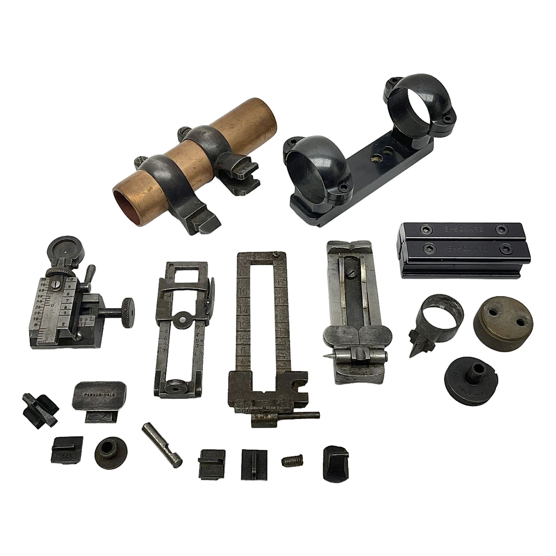 Collection of rear sights and mounts etc including Fraser Edinburgh patent pending no.28330, Martini Henry, part Mauser, .303 No.4 etc