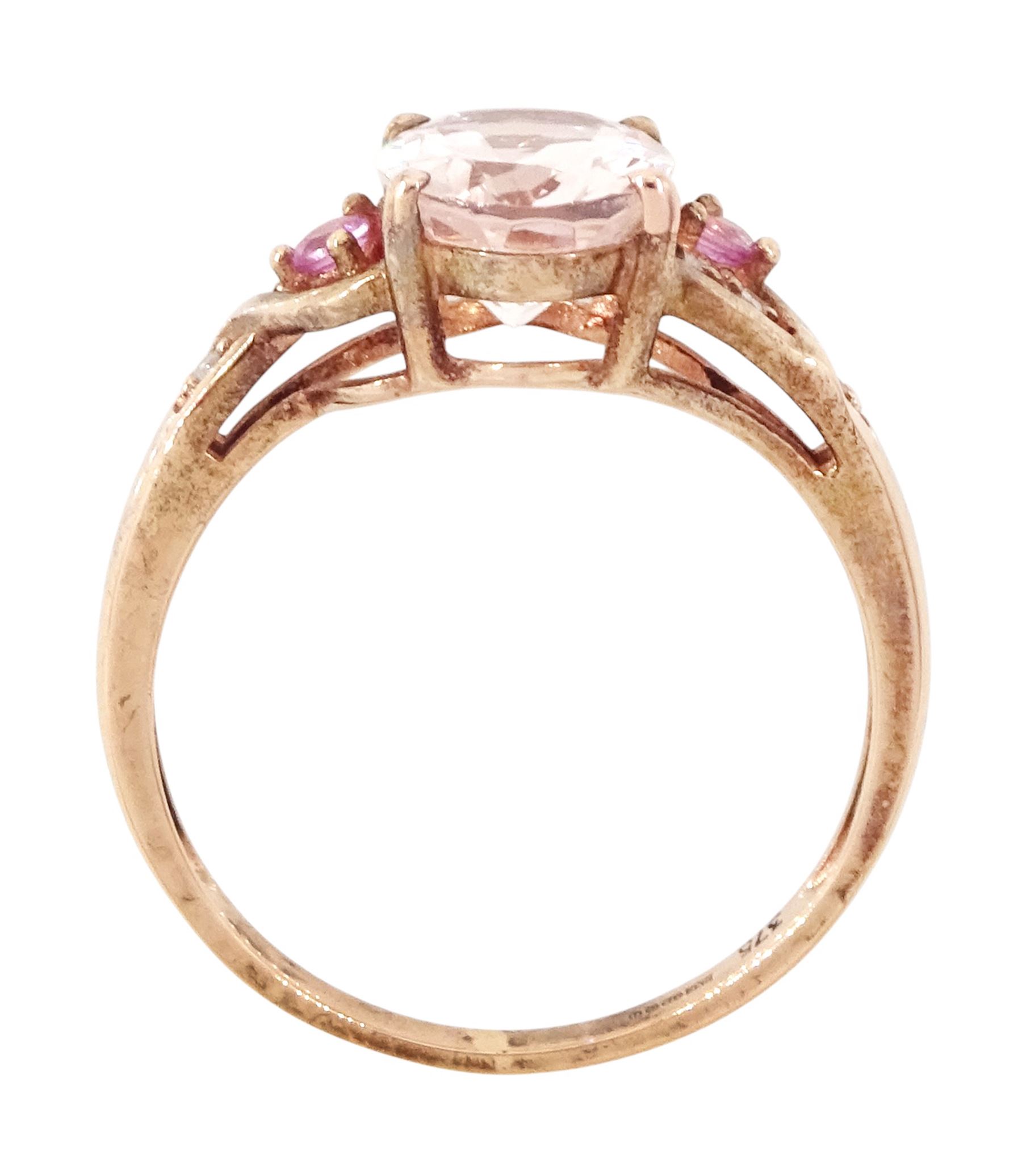 9ct rose gold morganite, pink sapphire and diamond ring, single oval cut morganite, with diamond and pink sapphire set shoulders, hallmarked