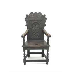 Victorian 17th century style heavily carved armchair, turned supports 
