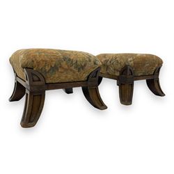Pair of early 20th century miniature footstools, square seat covered in gold and orange floral patterned tapestry fabric, on carved wooden frame with splayed supports 